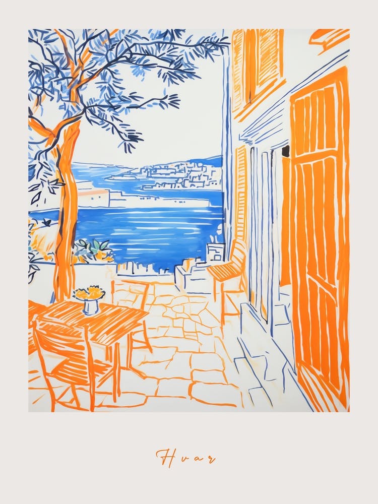 Hvar Croatia Orangefarbenes Zeichnungsposter