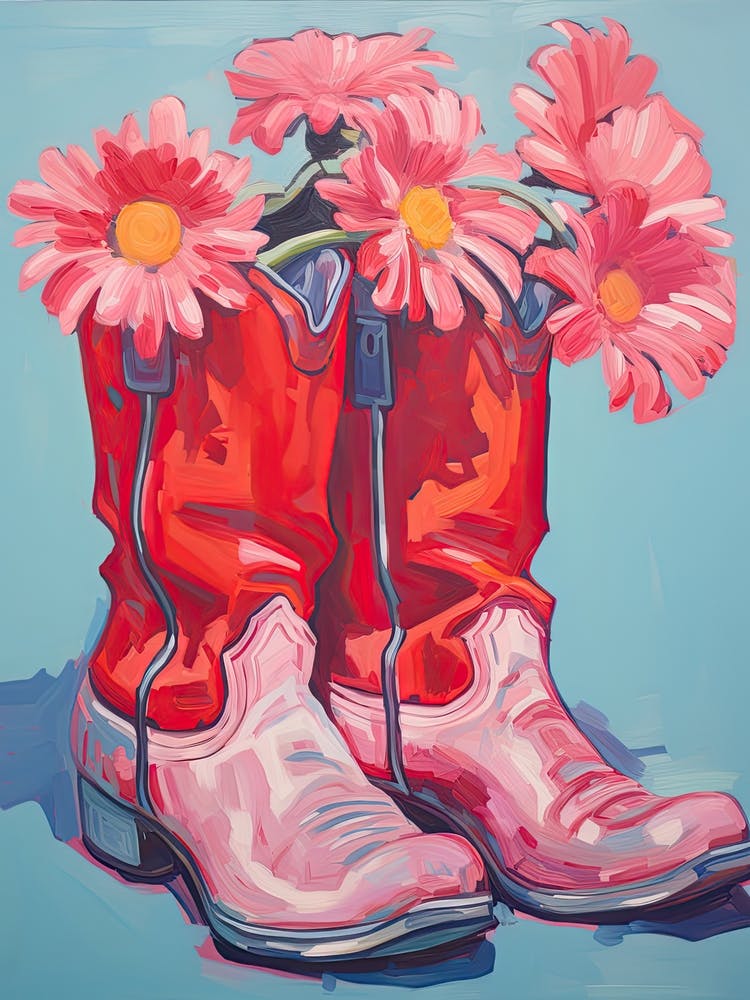 A Painting Of Cowboy Boots With Pink Flowers, Fauvist Style, Still Life 13