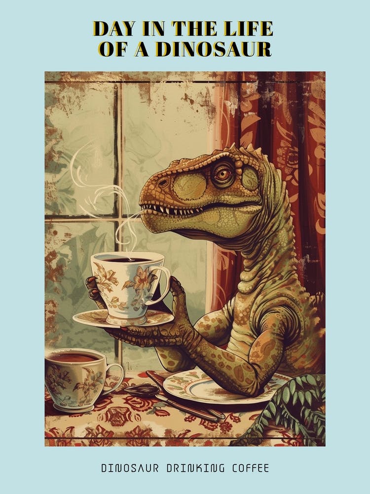 Dinosaur Drinking Coffee Retro Collage 1 Poster