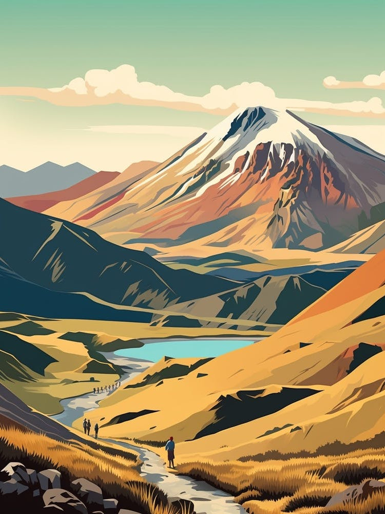 Tongariro Alpine Crossing New Zealand 1 Vintage Travel Illustration