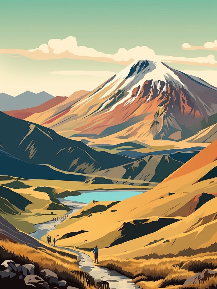 Tongariro Alpine Crossing New Zealand 1 Vintage Travel Illustration