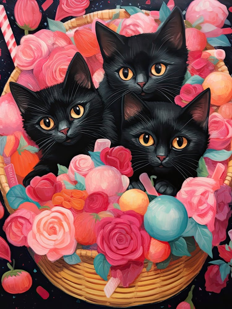 Black Kittens In A Basket Kitsch 1