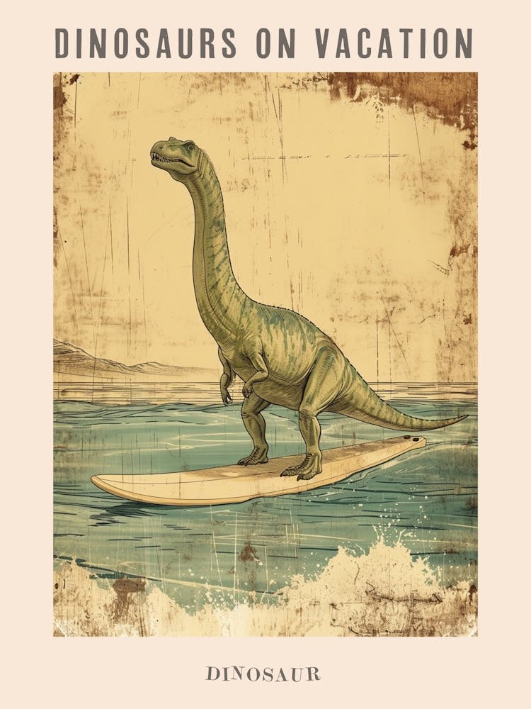 Vintage Dinosaur On A Surf Board 2 Poster