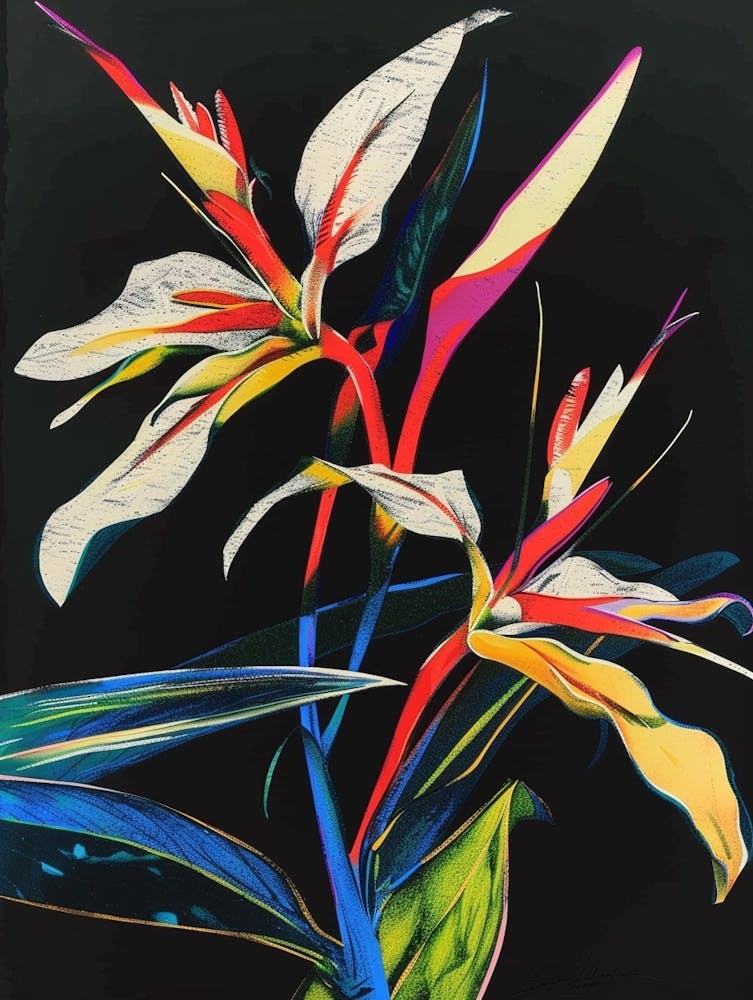 Neon Flowers On Black Heliconia 1