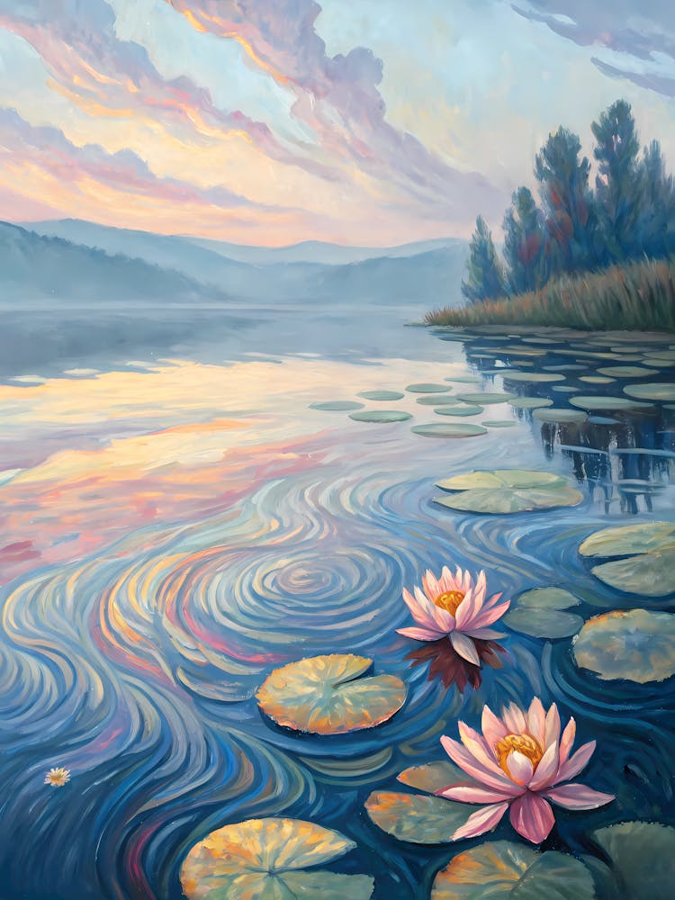 Van Gogh Water Lily Pond Surreal Sunset Landscape