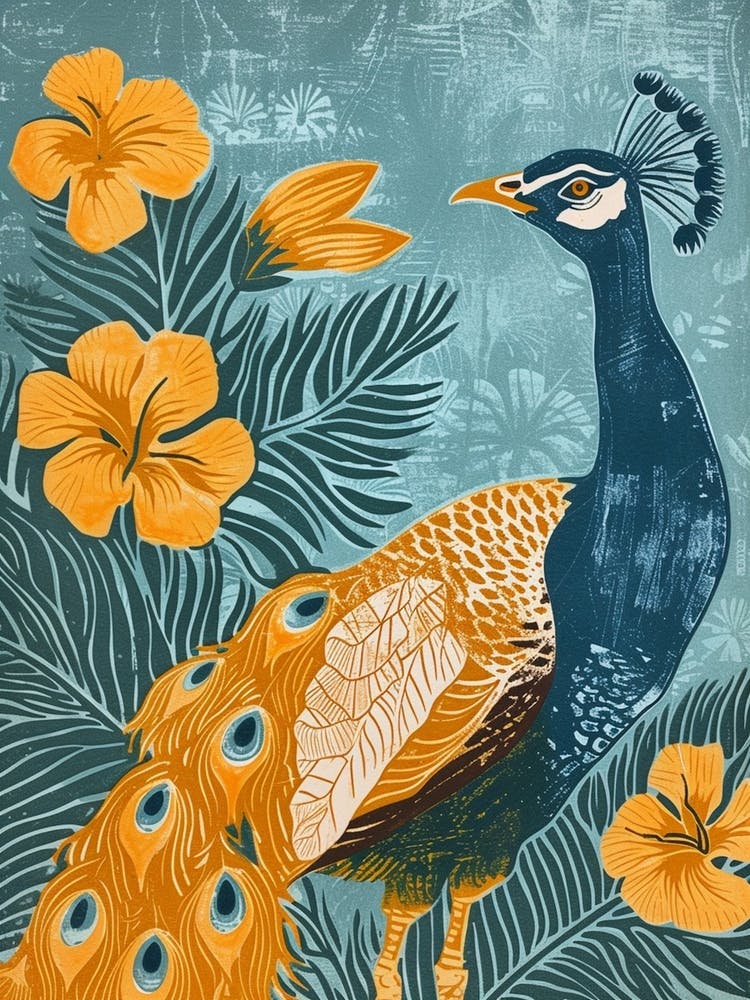 Blue Mustard Peacock With Tropical Flowers Linocut Inspired 3