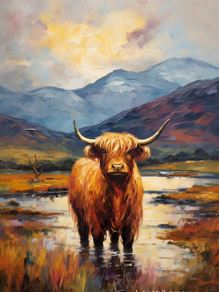 Warm Tones Highland Cow Impressionism Style Painting 3