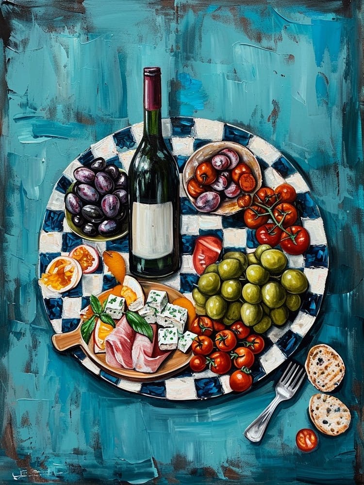 Mezze Platter With Wine Blue Brushstrokes