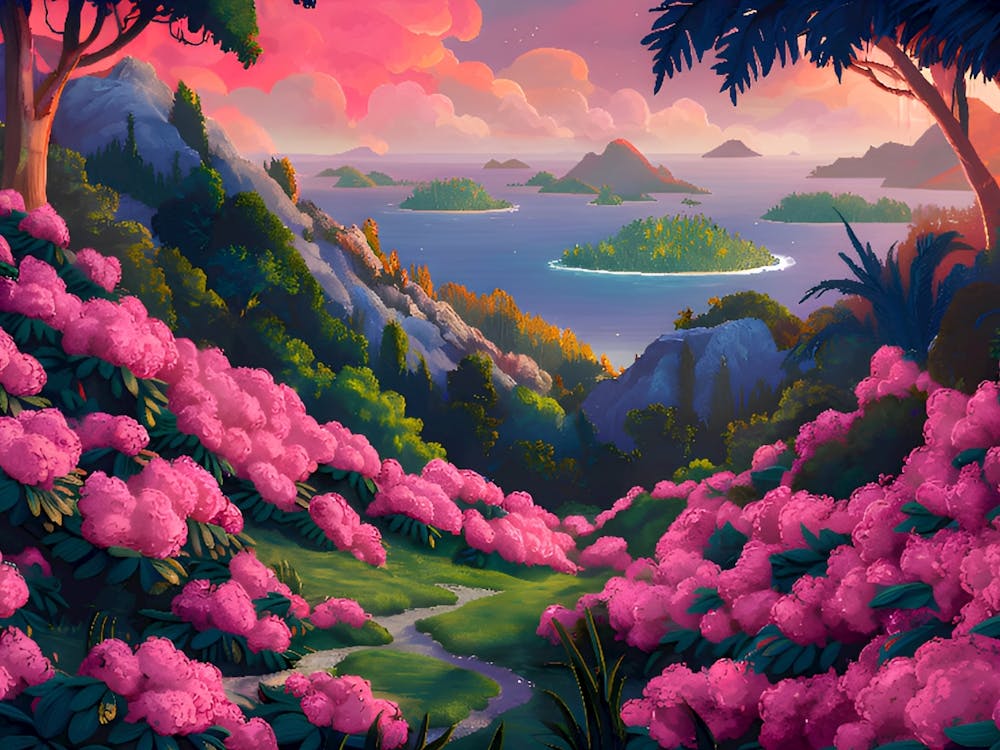 Vibrant tropical landscape with blooming flowers
