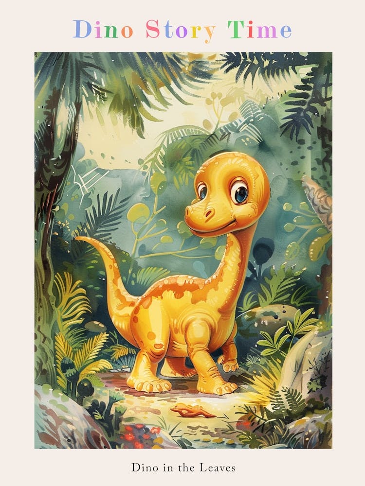 Cute Storybook Dinosaur In The Leaves Painting 1 Poster