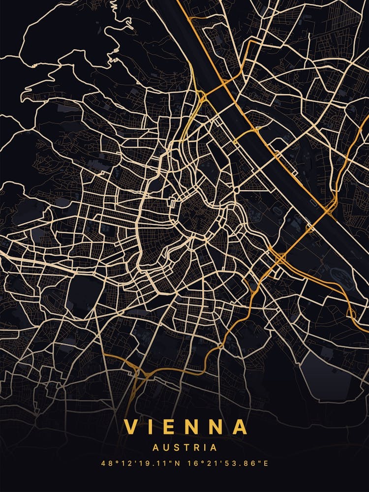 Vienna Austria Black And Gold Map Zoomed