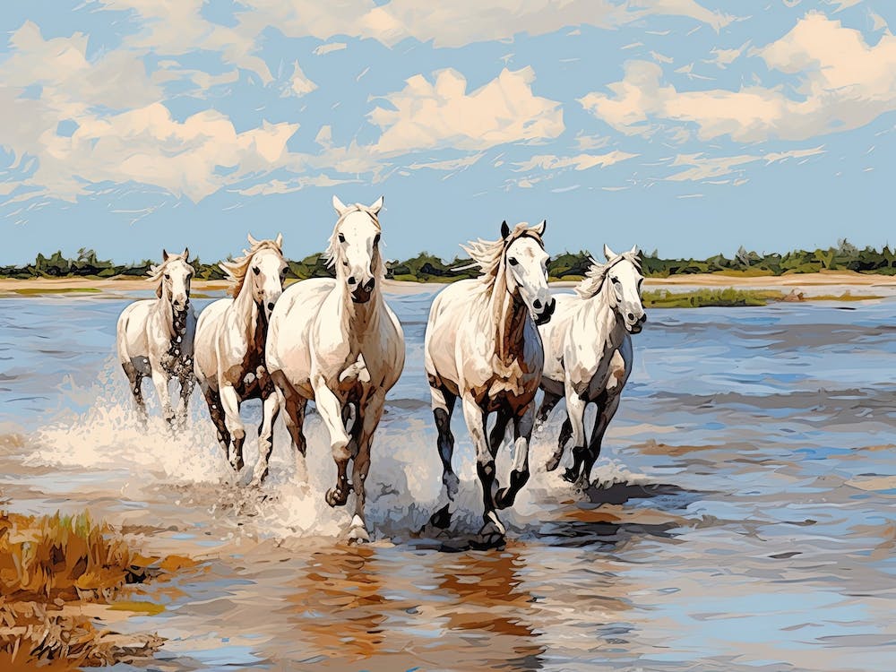 Horses Painting In Camargue, France, Landscape 4