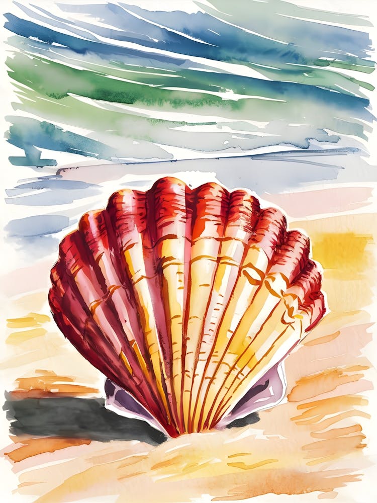 Watercolor Sea Shell On The Beach