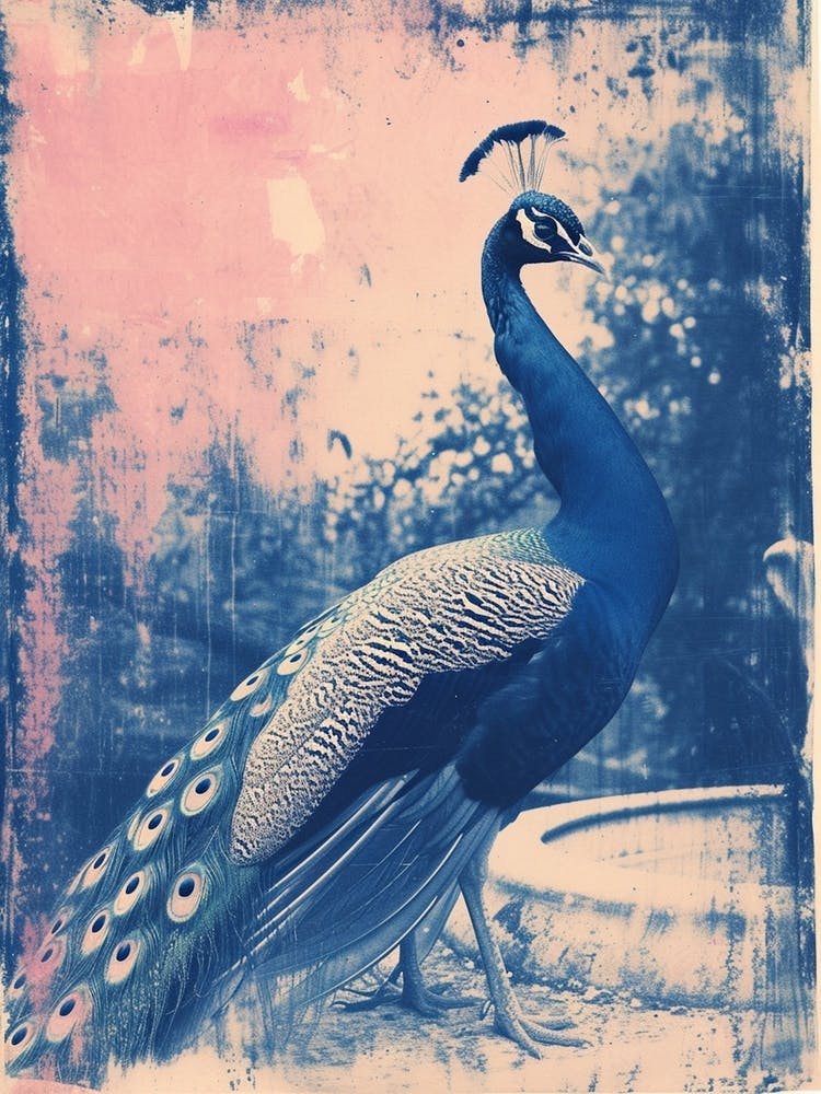 Peacock In The Fountain Pink & Blue Cyanotype Inspired 1