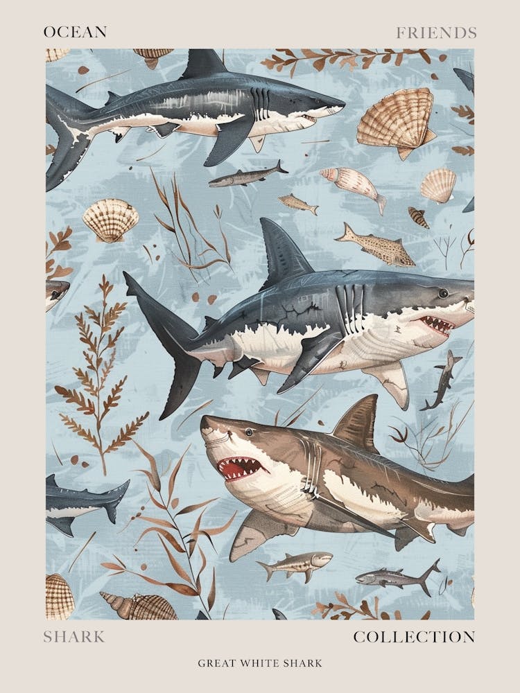 Pastel Blue Great White Shark Watercolour Seascape 4 Poster