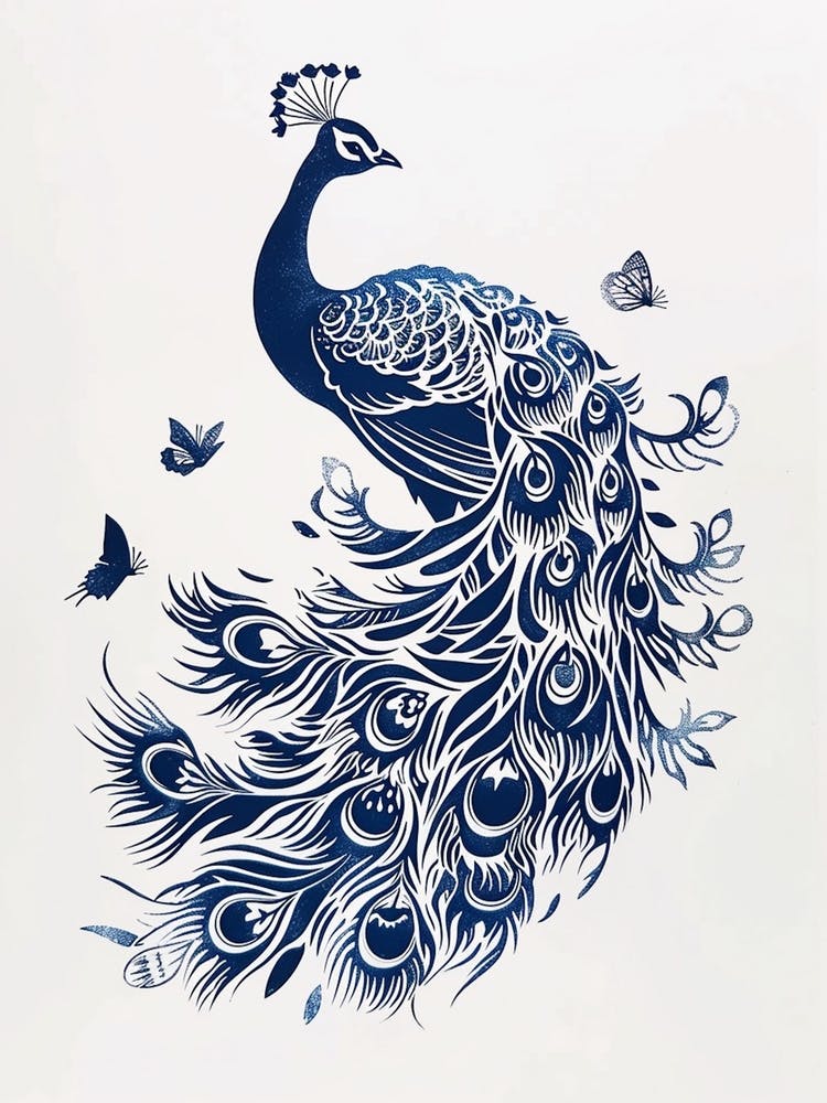 Cream & Navy Blue Peacock With Butterflies Linocut Inspired  2