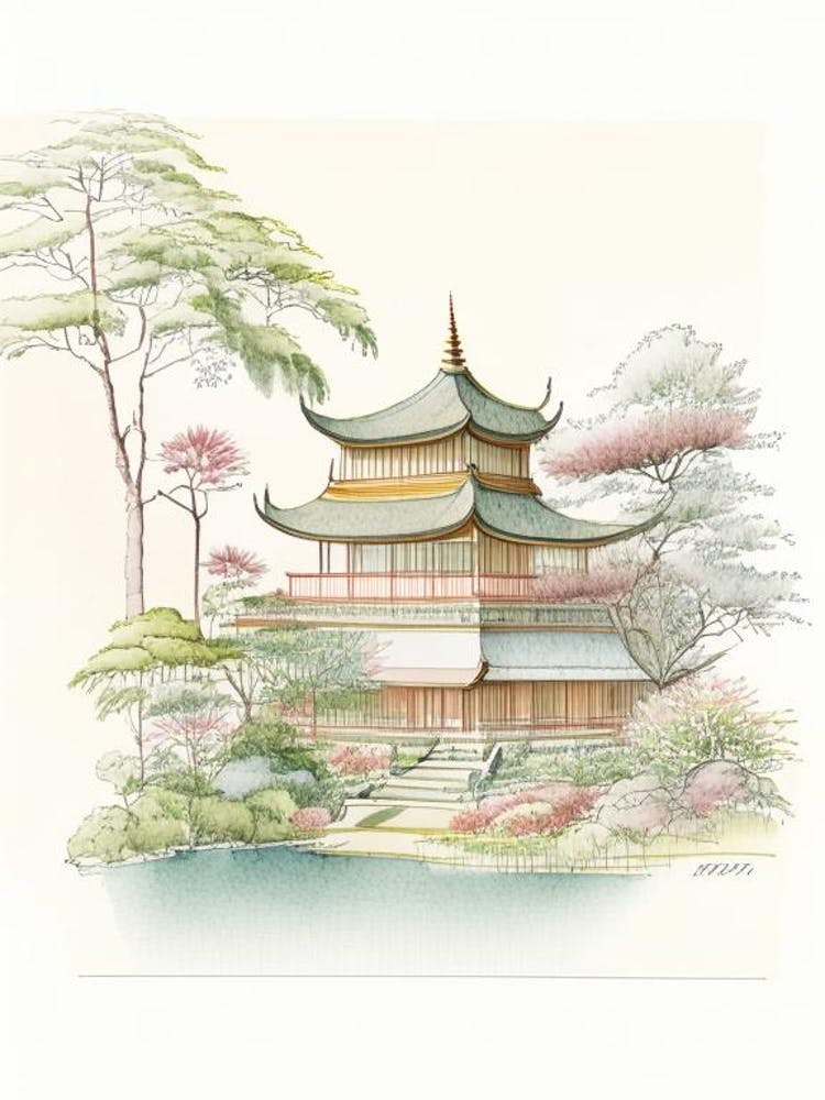 Katsura Imperial Villa, Japan Vintage Pencil Drawing