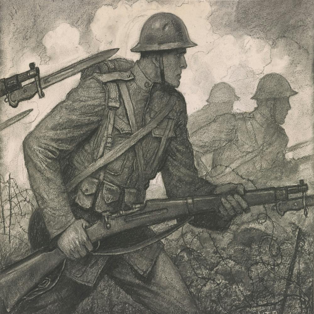 Soldiers Carrying Rifles With Fixed Bayonets, Advancing Through Barbed Wire Entanglements W