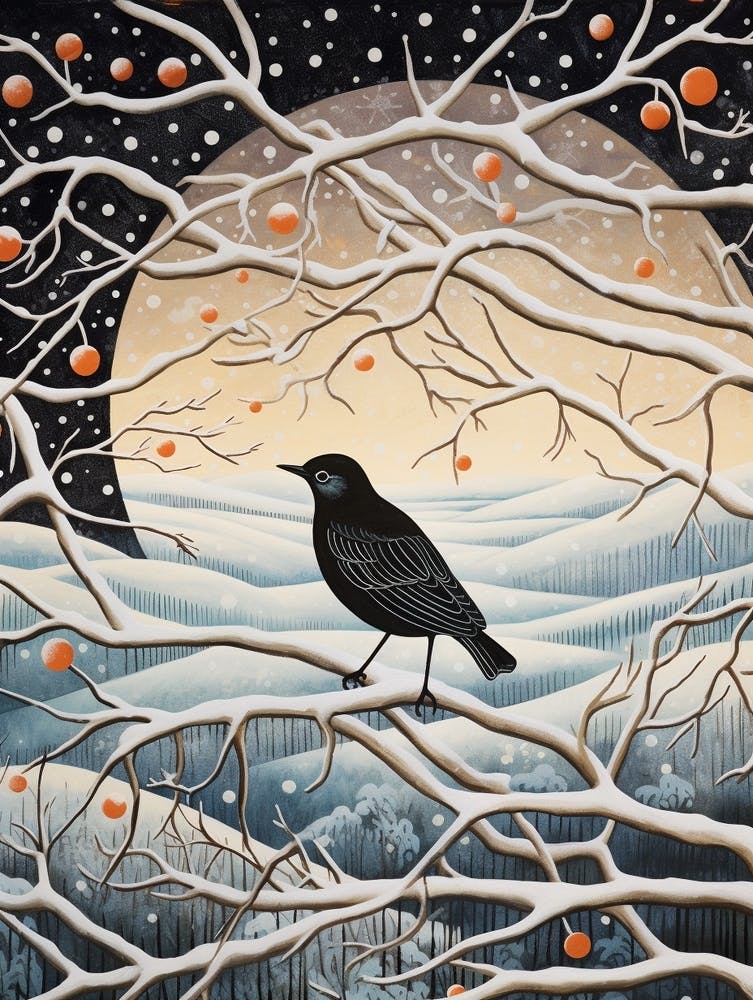 Winter Bird Painting Blackbird 4
