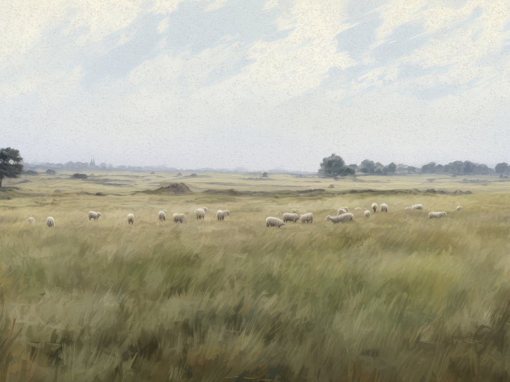 Tableau Vintage Moutons au Pâturage