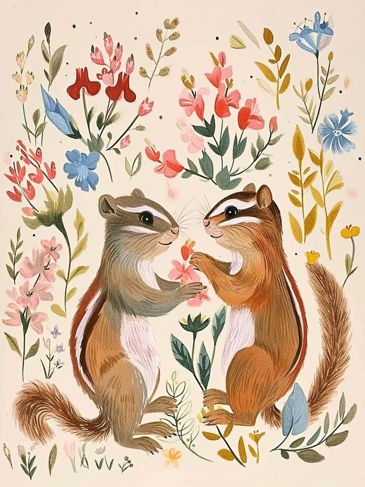 Folksy Floral Animal Drawing Chipmunk 2