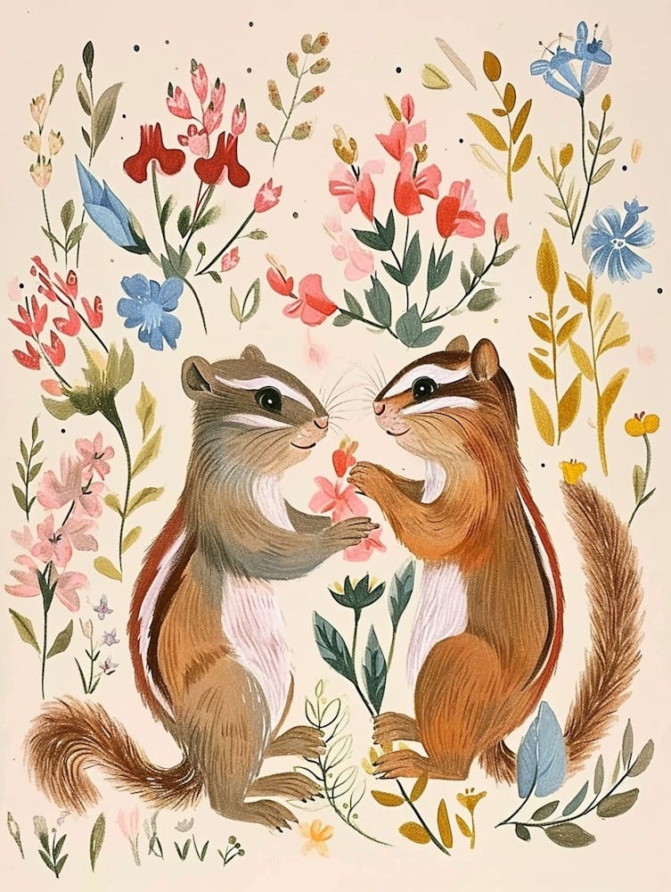 Folksy Floral Animal Drawing Chipmunk 2
