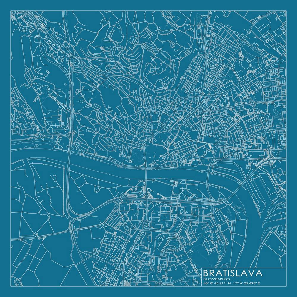 Bratislava, Slovensko, City Map Blueprint Design