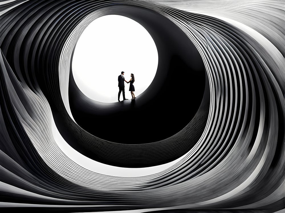 Man and Woman in abstract circles, black and white art