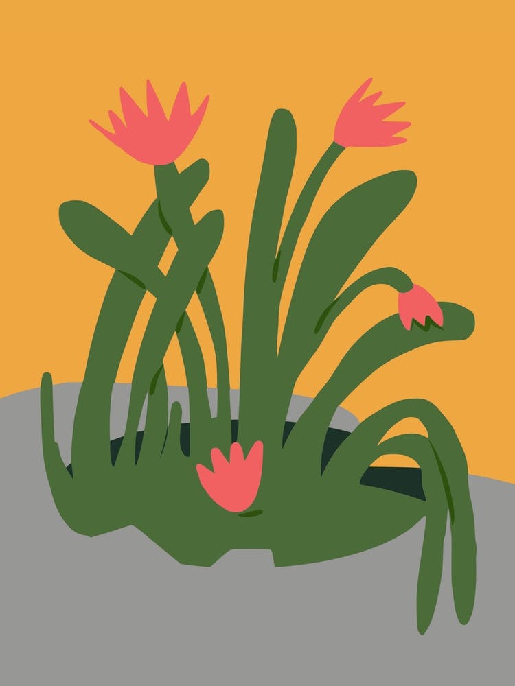 Abstract Sculpture And Pink Flowers