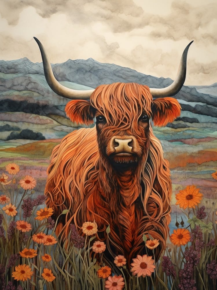 Warm Watercolour Of Highland Cow With Flowers