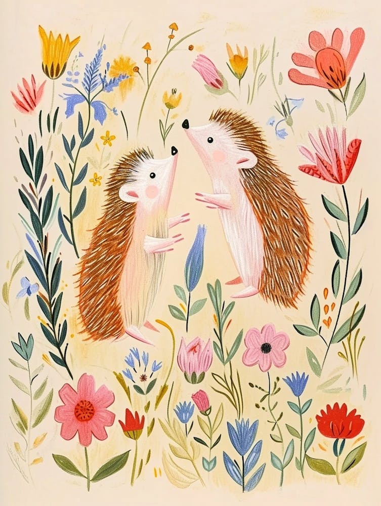 Folksy Floral Animal Drawing Hedgehog 10