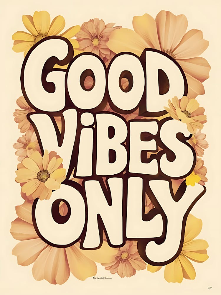 Flower Power Typography Good Vibes Only In Pastel Blooms Yellow 1