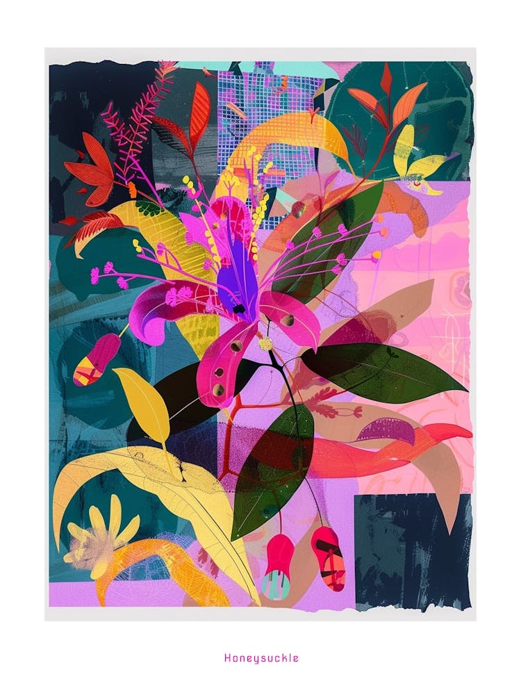 Honeysuckle 1 Neon Flower Collage Poster