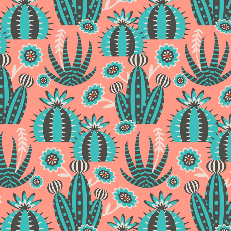 DESERT GARDEN Retro Cactus Flowers Aloe Succulents Botanical in Vintage Mid-Century Turquoise Charcoal Red White on Pink