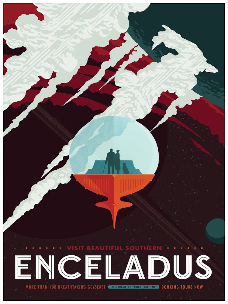 NASA Vintage Style Poster, Enceladus, Retro Space Art