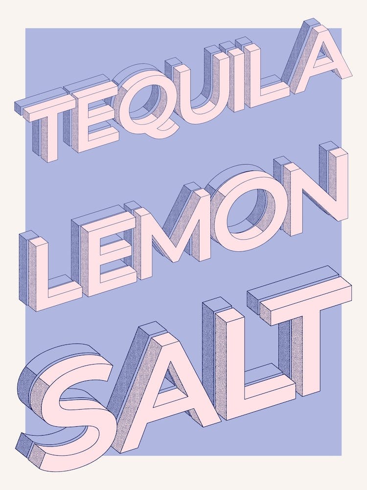 Tequila, Lemon, Salt Bar Cart Poster, Cocktail, Kitchen, Pink & Blue