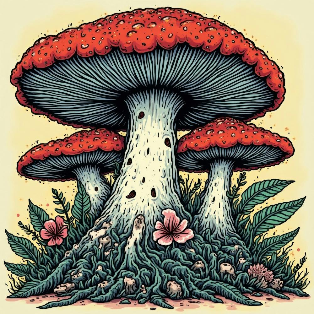 Mushrooms And Flowers