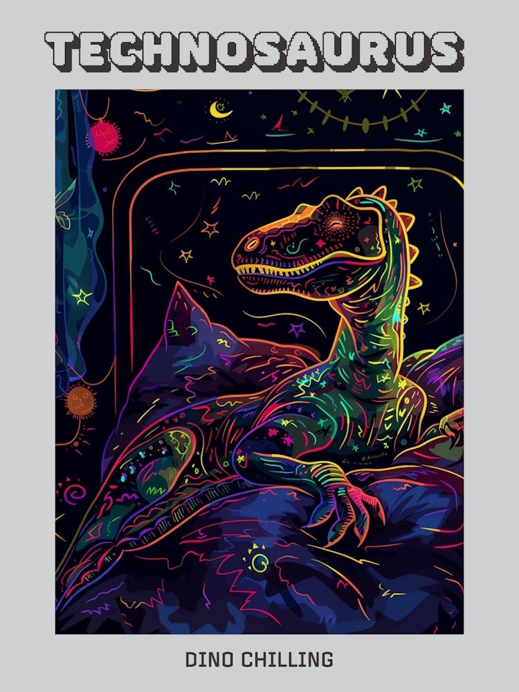 Neon Dinosaur Line Illustration Relaxing 2 Poster