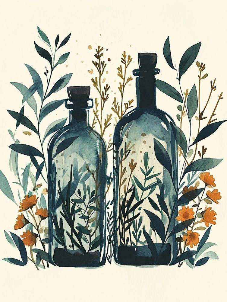 Cute Herbs & Oil Watercolour Illustration