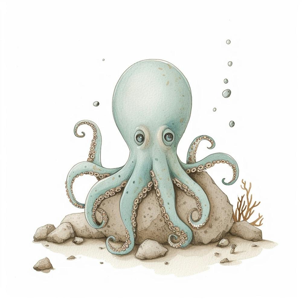 Sleepy Storybook Style Octopus On The Rocks 2