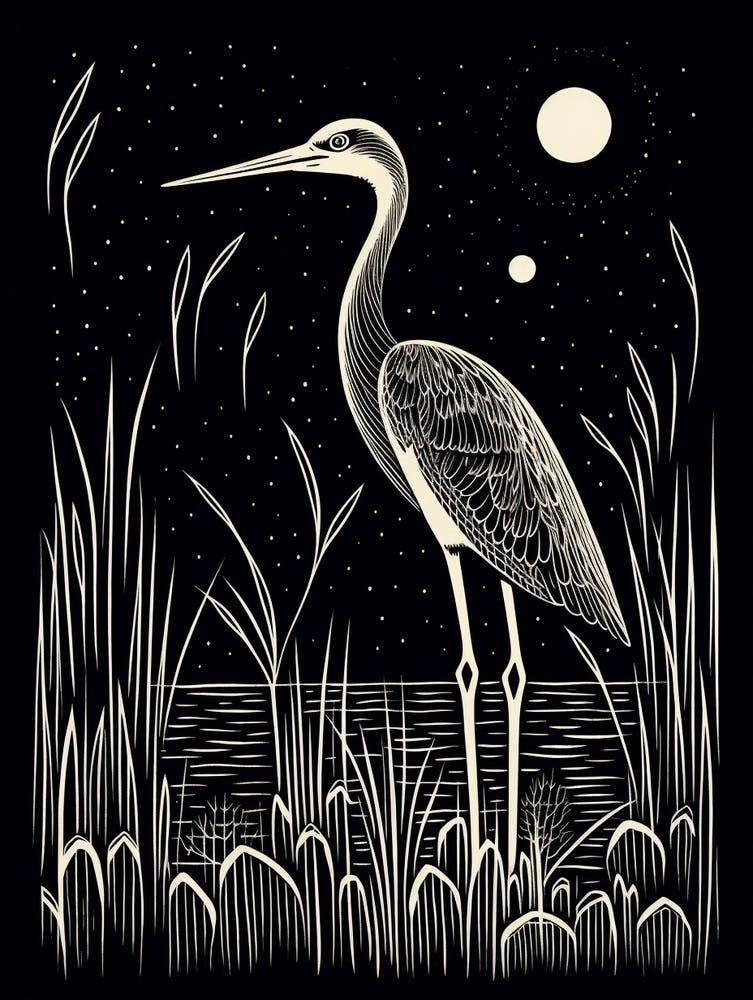 B&W Bird Linocut Stork 2