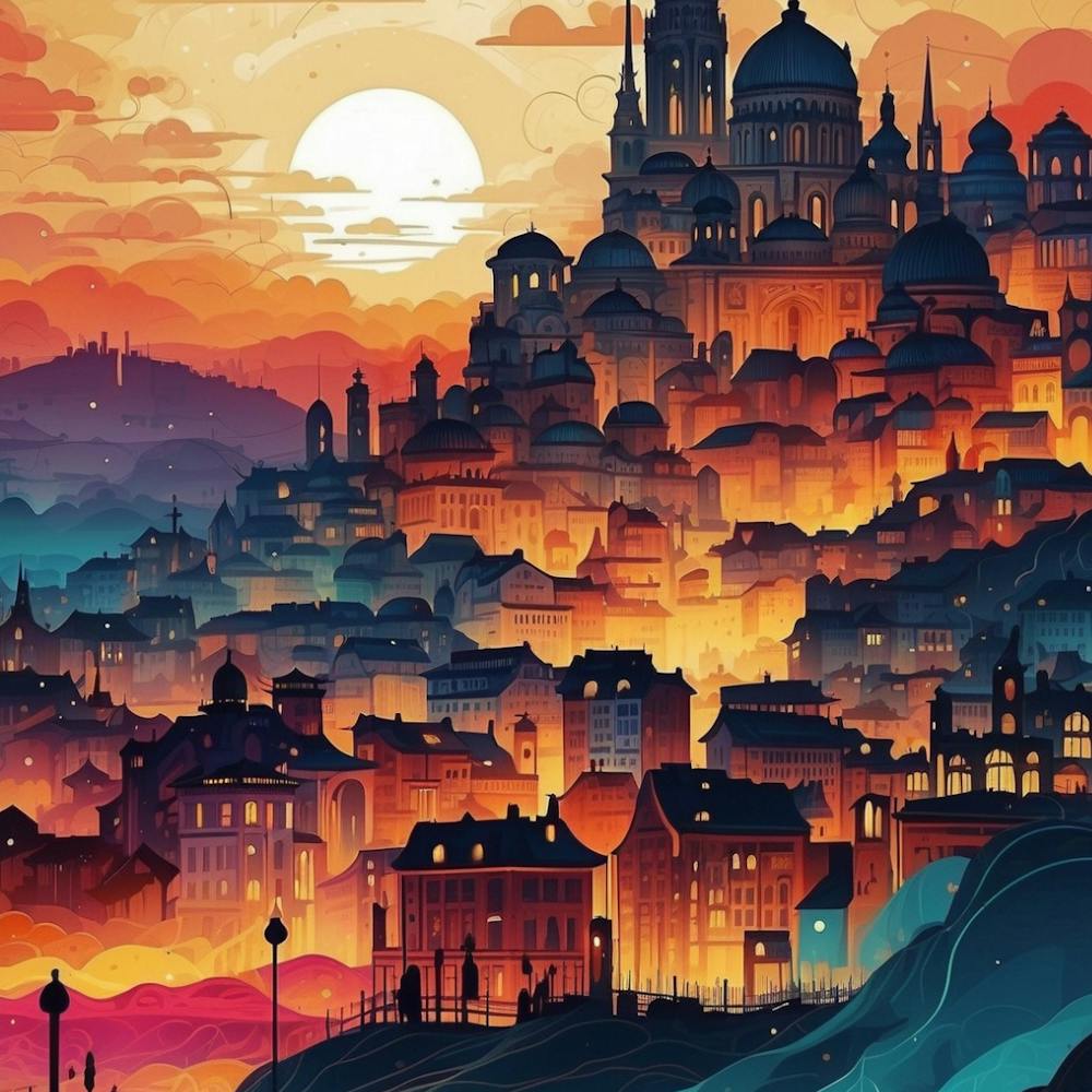 Stadtlandschaft bei Sonnenuntergang