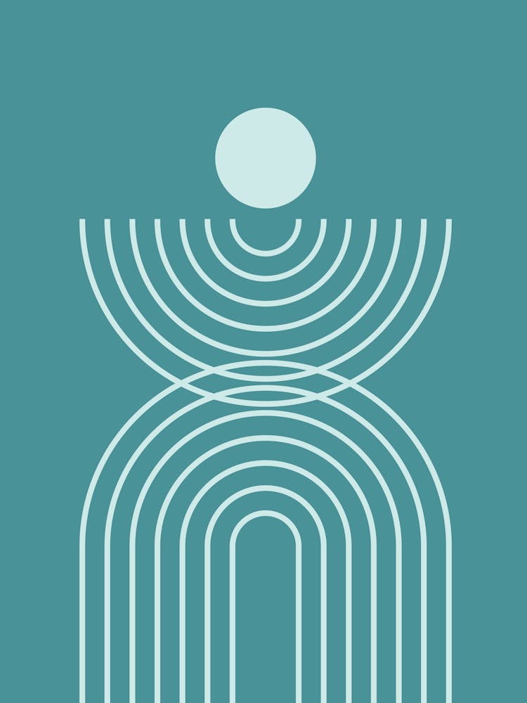 Midcentury Modern Rainbow Arch Sun Abstract A8 In Teal Green 01