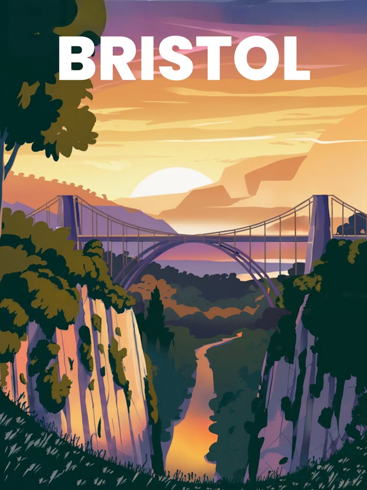 Anime Canvas Art: Scenic Clifton Suspension Bridge over a Green Gorge at Sunset, Perfect for Lofi Aesthetic and Nature-Inspired Wall Art Lovers.