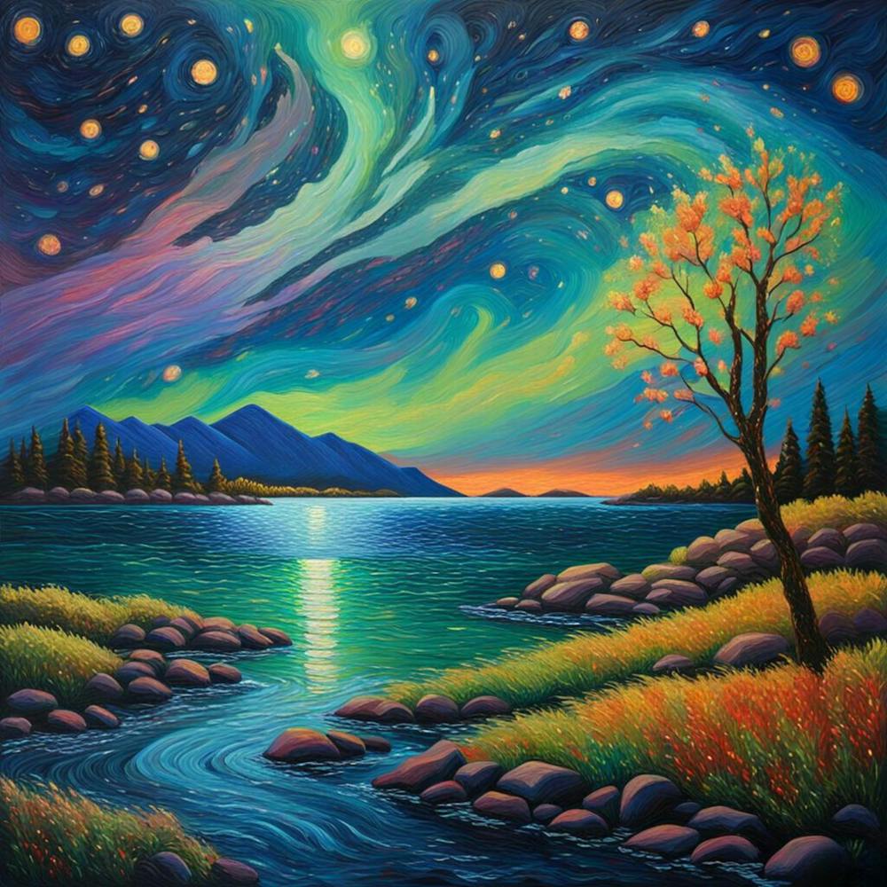 Aurora Borealis. Starry Pathway: Vibrant Landscape Art with Swirling Galaxy and Illuminated Trees