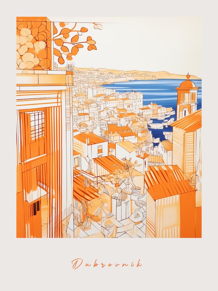Dubrovnik Croatia Orange Drawing Poster