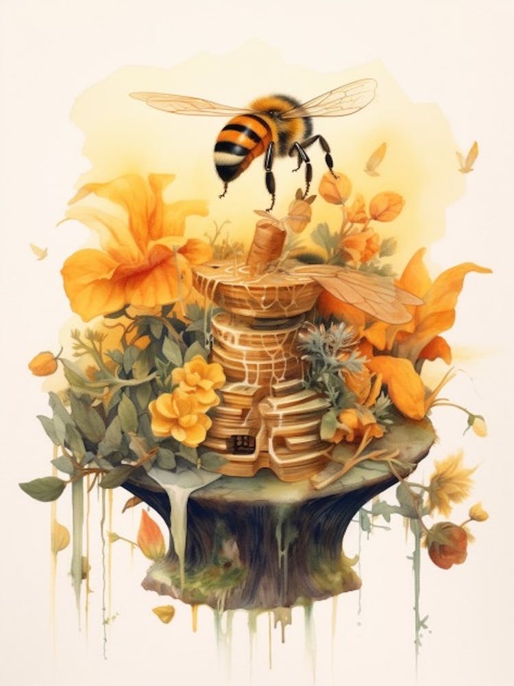 Orange Footed Flower Bee Beehive Watercolour Illustration 4