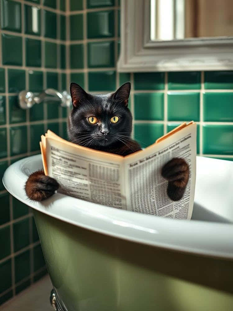 Cat Reading Newspaper In Bathtub 1