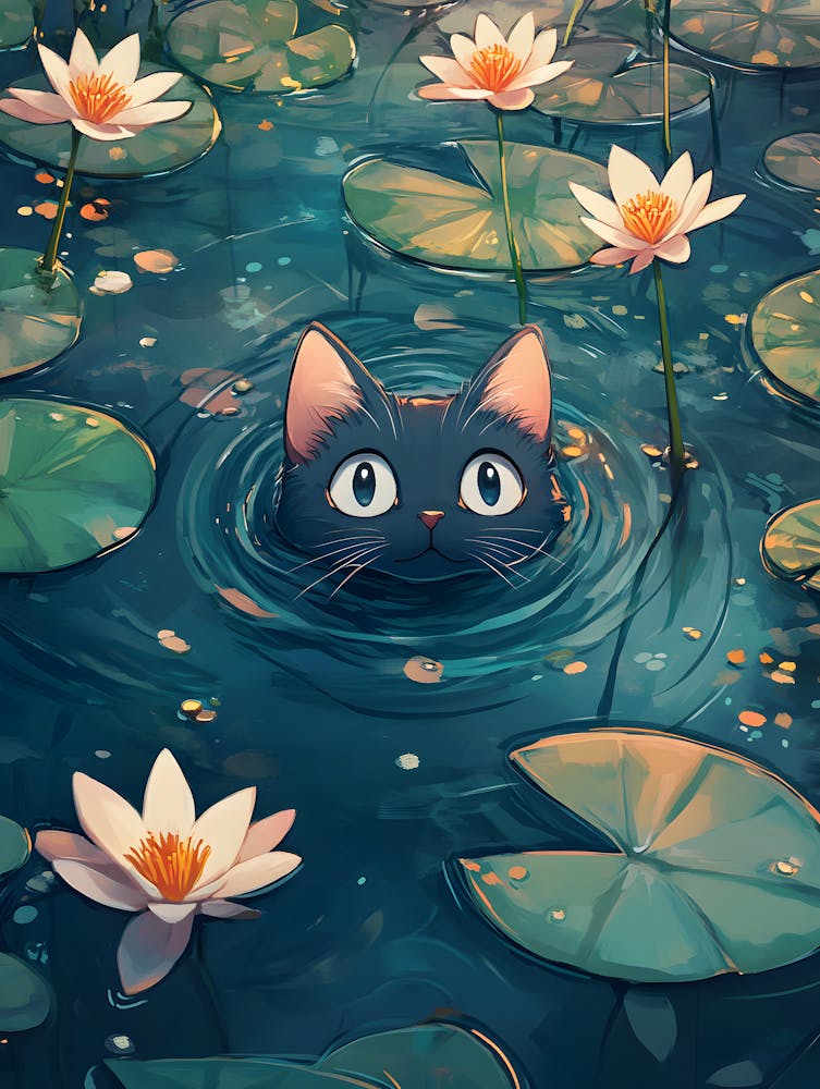 Cute Cat Swimming Among Water Lilies 12