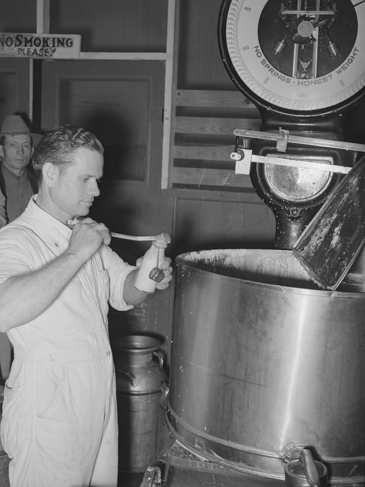 Taking Sample Of Milk From Weighing Kettle To Determine Percentage Of Butter Fat, Babcock Test, Creamery, San